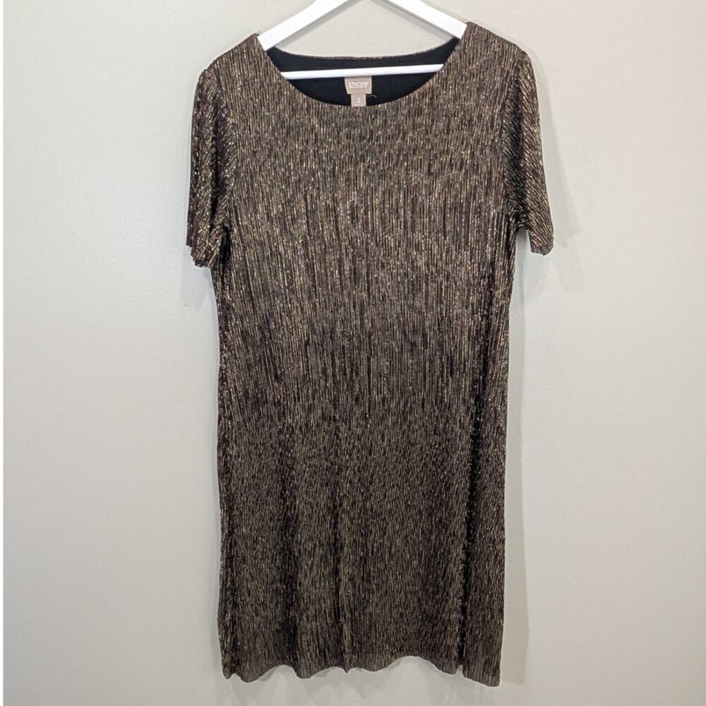 Chico's Shimmer Gold Sparkle Short Sleeve Dress Easter Brunch Shower - Size 2(L)